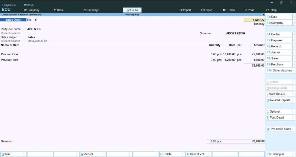 Sales Order Transaction in Tally